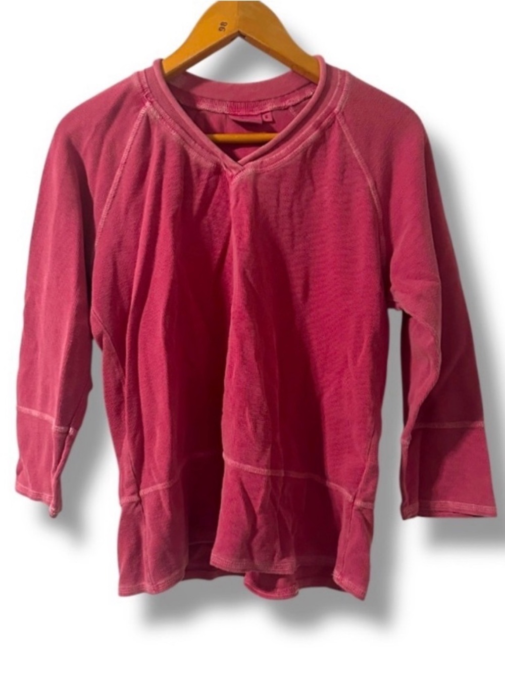 Vintage Hot Cotton Red Waffle Knit V-Neck Shirt Women’s Size Small Made in USA